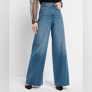 Super High Waisted Medium Wash Raw Hem Baggy Wide Leg Jeans